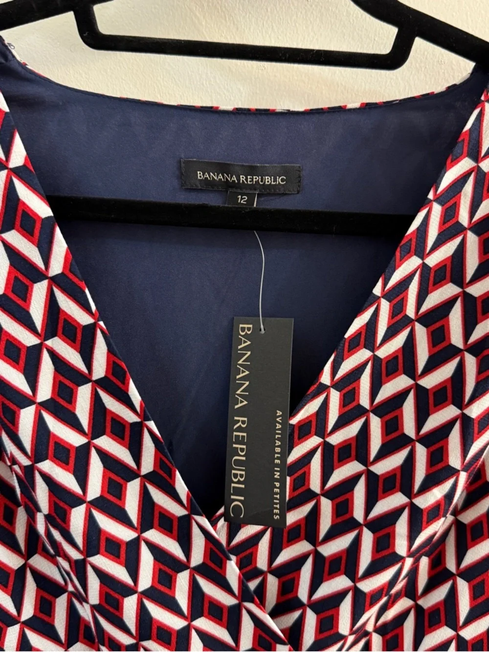 Banana Republic NWT Faux Wrap Midi Dress Size 12 Geometric Red Navy White Lined - Picture 2 of 14